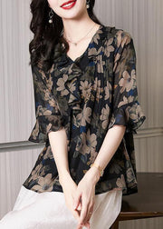 Italian Black Print Wrinkled Patchwork Silk Shirt Top Flare Sleeve