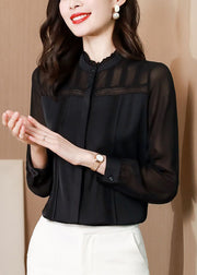 Italian Black Ruffled Lace Patchwork Silk Shirt Spring