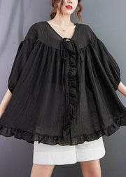 Italian Black Ruffled Lace Up Cotton Shirt Top Lantern Sleeve