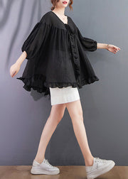 Italian Black Ruffled Lace Up Cotton Shirt Top Lantern Sleeve