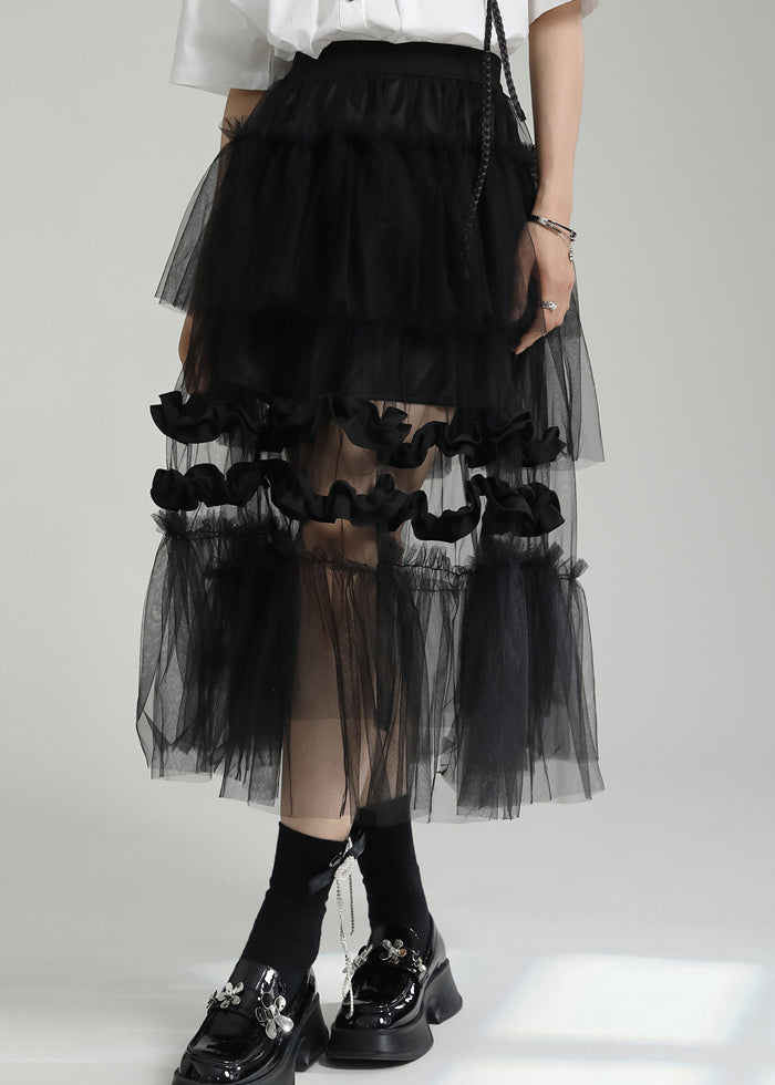 Italian Black Ruffled Layered Patchwork Tulle Skirts Summer