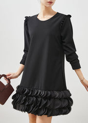 Italian Black Ruffled Patchwork Cotton Holiday Dress Spring