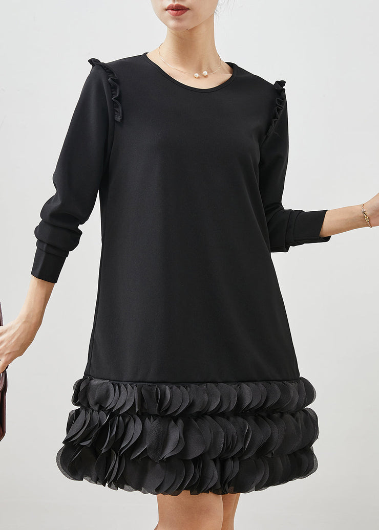 Italian Black Ruffled Patchwork Cotton Holiday Dress Spring