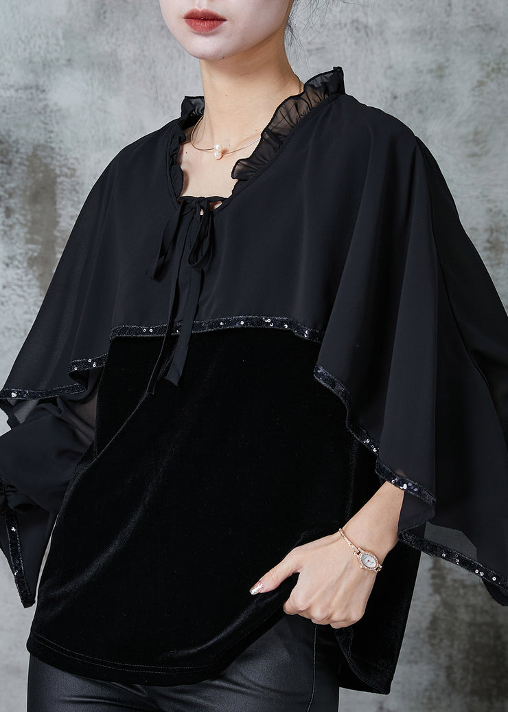 Italian Black Ruffled Patchwork Silk Velour Top Cloak Sleeves