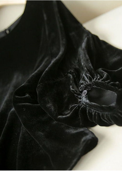 Italian Black O-Neck Velour Loose Tops Lantern Sleeve