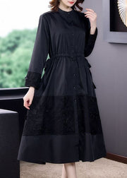 Italian Black Stand Collar Embroideried Patchwork Cotton Trench Long Sleeve