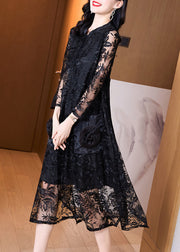 Italian Black Stand Collar Embroidered Pockets Patchwork Tulle Dress Fall