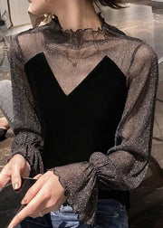 Italian Black Stand Collar Lace Patchwork Velour Tops Bottoming Shirt