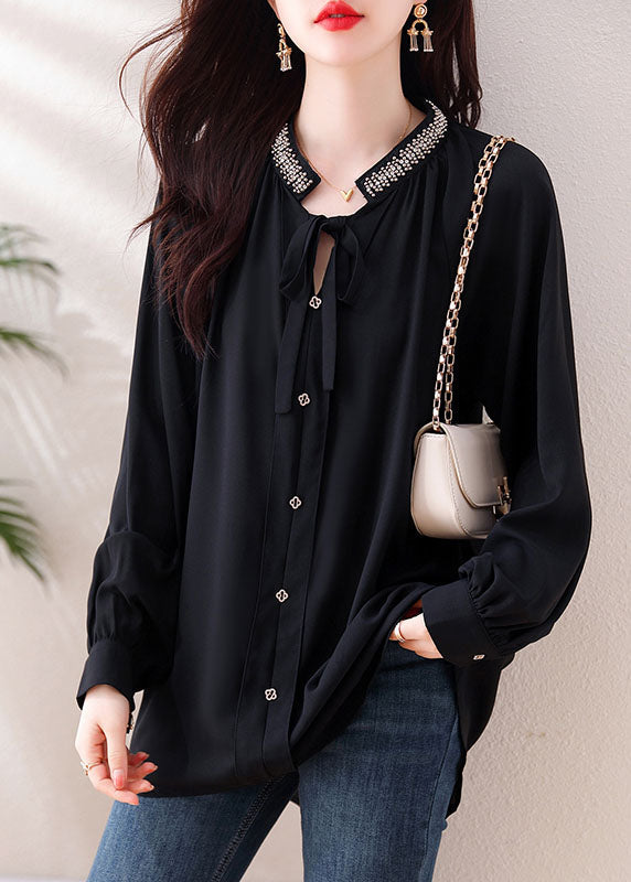 Italian Black Stand Collar Lace Up Shirt Long Sleeve