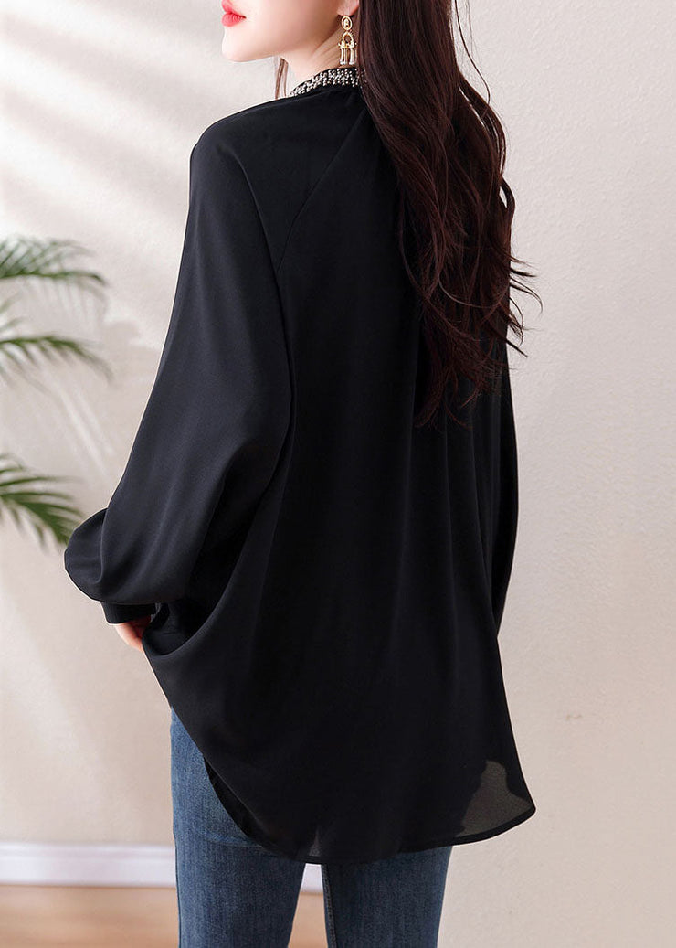 Italian Black Stand Collar Lace Up Shirt Long Sleeve