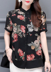 Italian Black Stand Collar Print Button Chiffon Shirt Short Sleeve