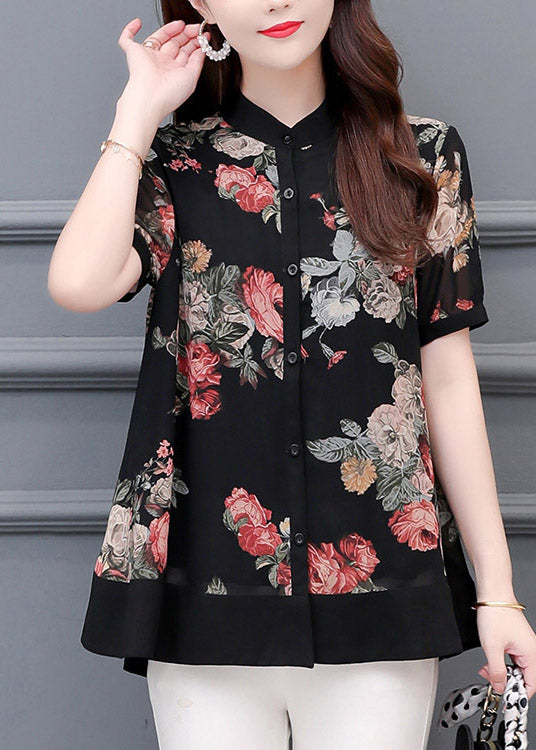 Italian Black Stand Collar Print Button Chiffon Shirt Short Sleeve