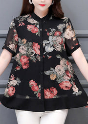 Italian Black Stand Collar Print Button Chiffon Shirt Short Sleeve