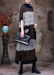 Italian Black Stand Collar Side Open Pockets Wool Patchwork Knit Vacation Dresses Long Sleeve