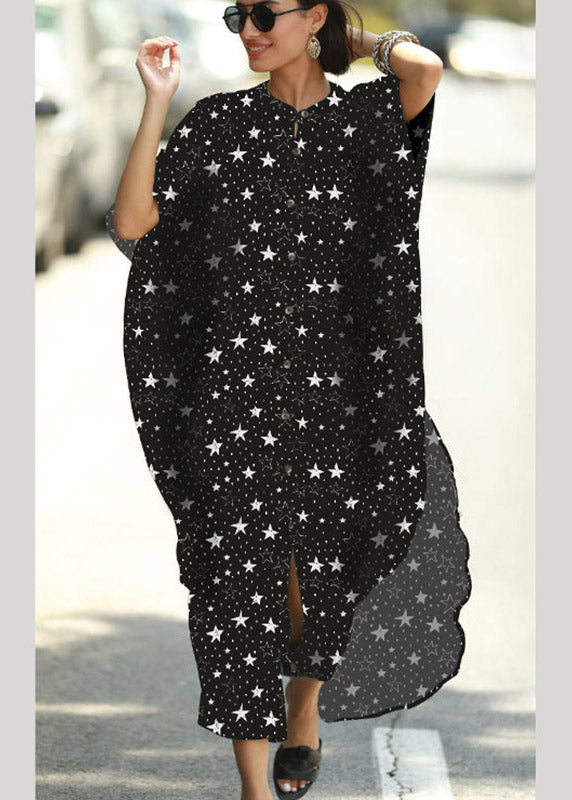 Italian Black Star Print Button Vacation Long Dresses Short Sleeve