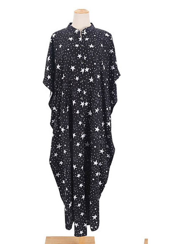 Italian Black Star Print Button Vacation Long Dresses Short Sleeve