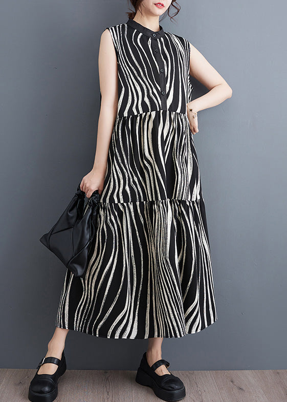 Italian Black Striped Stand Collar Patchwork Button Long Dress Summer