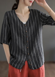 Italian Black Striped V Neck Button Patchwork Linen Blouses Summer