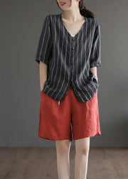 Italian Black Striped V Neck Button Patchwork Linen Blouses Summer