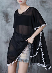 Italian Black Tasseled Side Open Chiffon Long Smock Summer