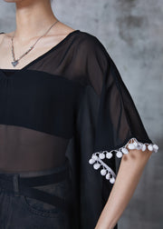 Italian Black Tasseled Side Open Chiffon Long Smock Summer