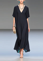 Italian Black V Neck Draping Chiffon Long Dress Summer