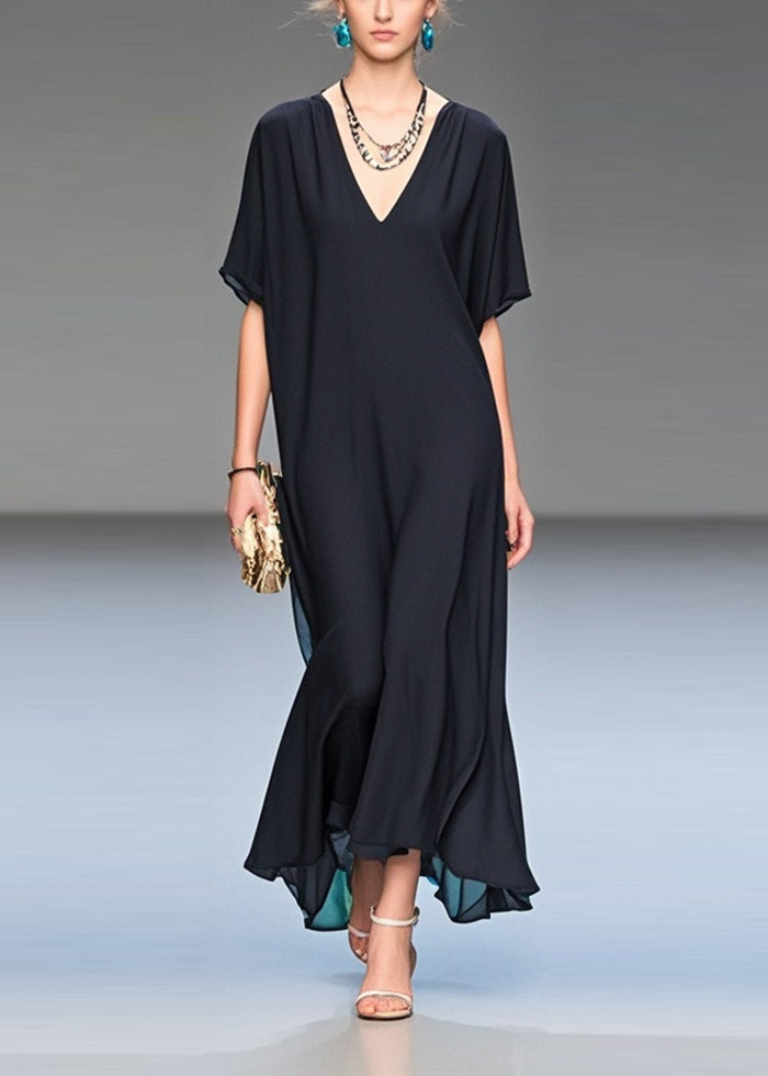 Italian Black V Neck Draping Chiffon Long Dress Summer