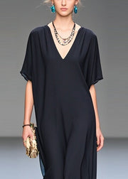 Italian Black V Neck Draping Chiffon Long Dress Summer