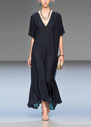 Italian Black V Neck Draping Chiffon Long Dress Summer