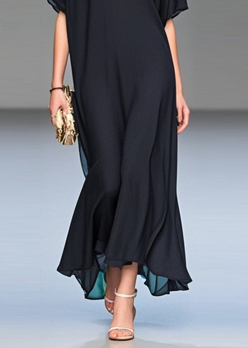 Italian Black V Neck Draping Chiffon Long Dress Summer