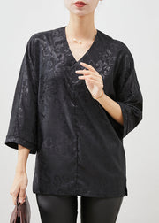 Italian Black V Neck Jacquard Silk Shirts Bracelet Sleeve