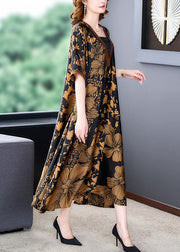 Italian Black V Neck Print Exra Large Hem Draping Silk Dress Summer