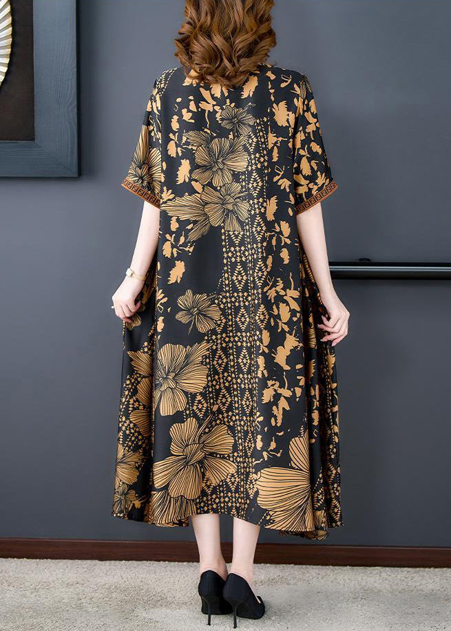 Italian Black V Neck Print Exra Large Hem Draping Silk Dress Summer