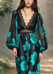 Italian Black V Neck Print High Waist Chiffon Dresses Spring