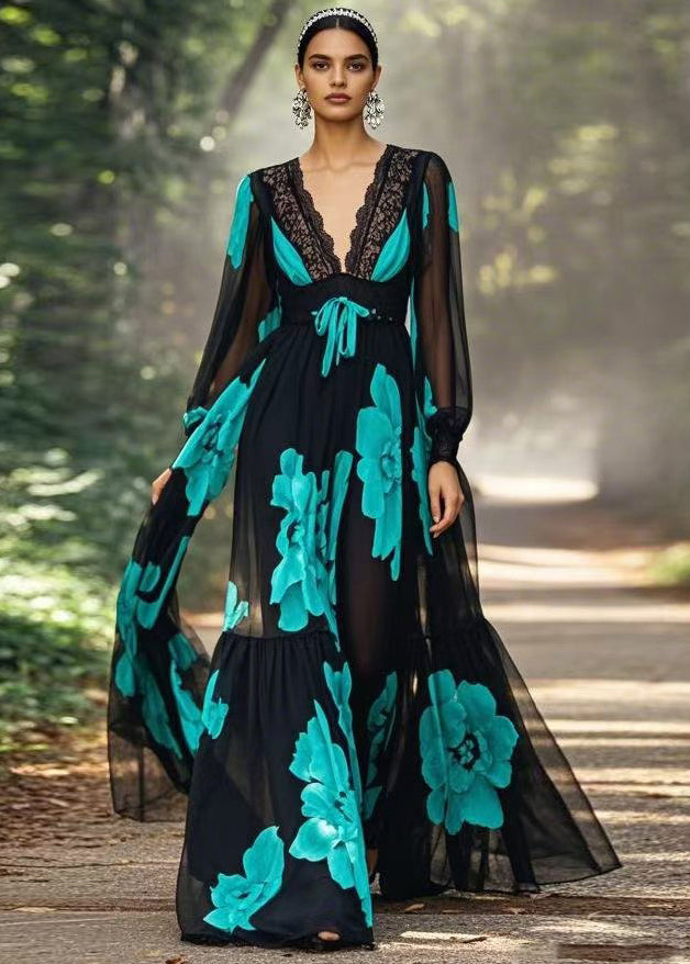 Italian Black V Neck Print Lace Up Chiffon Long Dresses Spring