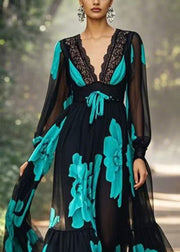 Italian Black V Neck Print Lace Up Chiffon Long Dresses Spring