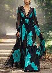 Italian Black V Neck Print Lace Up Chiffon Long Dresses Spring