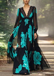 Italian Black V Neck Print Lace Up Chiffon Long Dresses Spring