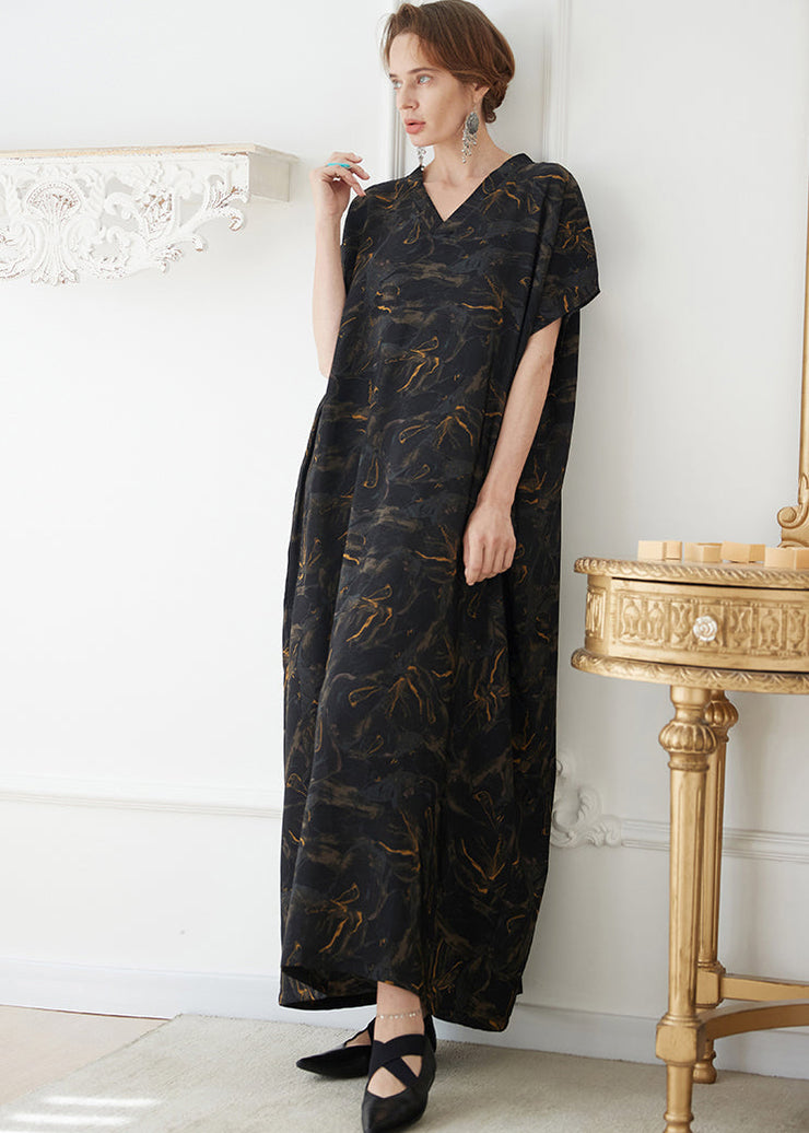 Italian Black V Neck Print Pockets Chiffon Robe Dress Summer