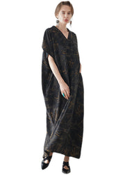 Italian Black V Neck Print Pockets Chiffon Robe Dress Summer