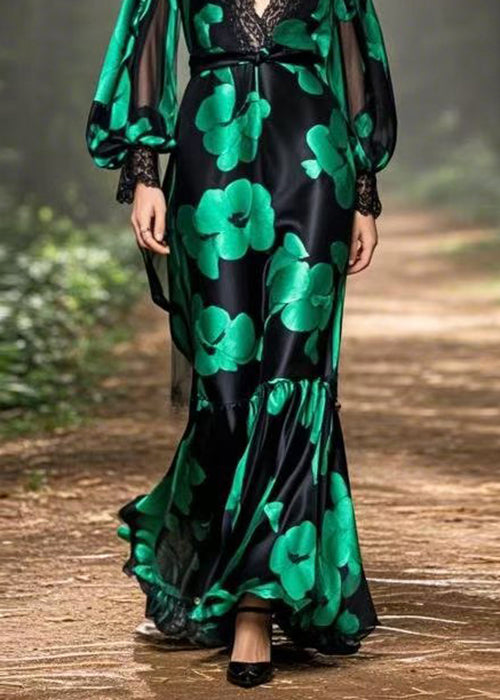 Italian Black V Neck Print Silk Maxi Dresses Spring