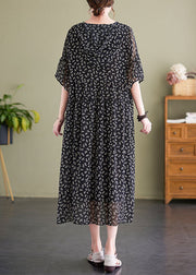 Italian Black V Neck Print Wrinkled Patchwork Chiffon Dress Summer