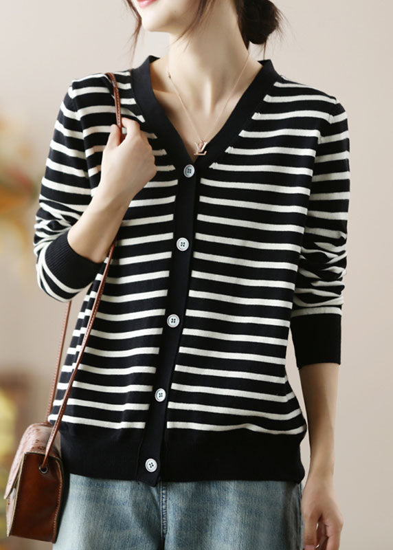 Italian Black V Neck Striped Knit Shirt Tops Fall