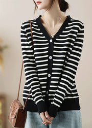 Italian Black V Neck Striped Knit Shirt Tops Fall