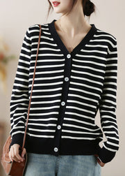 Italian Black V Neck Striped Knit Shirt Tops Fall