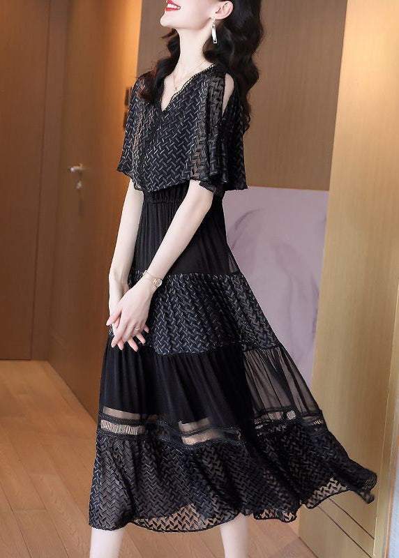 Italian Black V Neck Wrinkled Patchwork Chiffon Long Dresses Summer