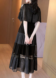 Italian Black V Neck Wrinkled Patchwork Chiffon Long Dresses Summer