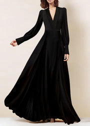 Italian Black V Neck Wrinkled Zippered Chiffon Maxi Dresses Fall