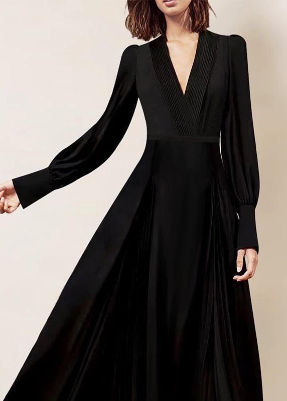 Italian Black V Neck Wrinkled Zippered Chiffon Maxi Dresses Fall