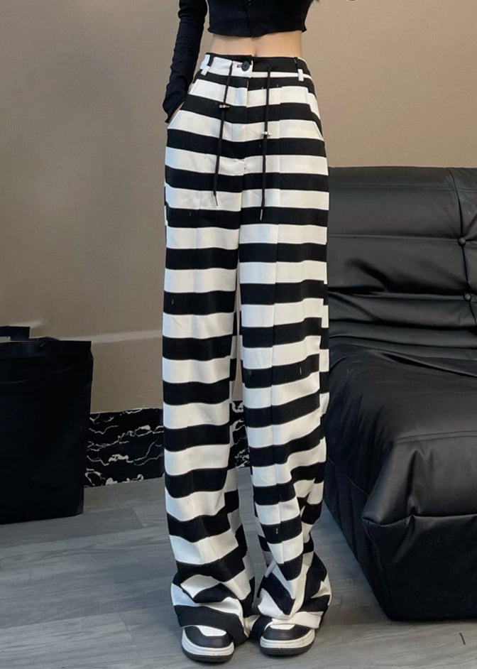 Italian Black White Striped High Waist Drawstring Straight Pants Spring